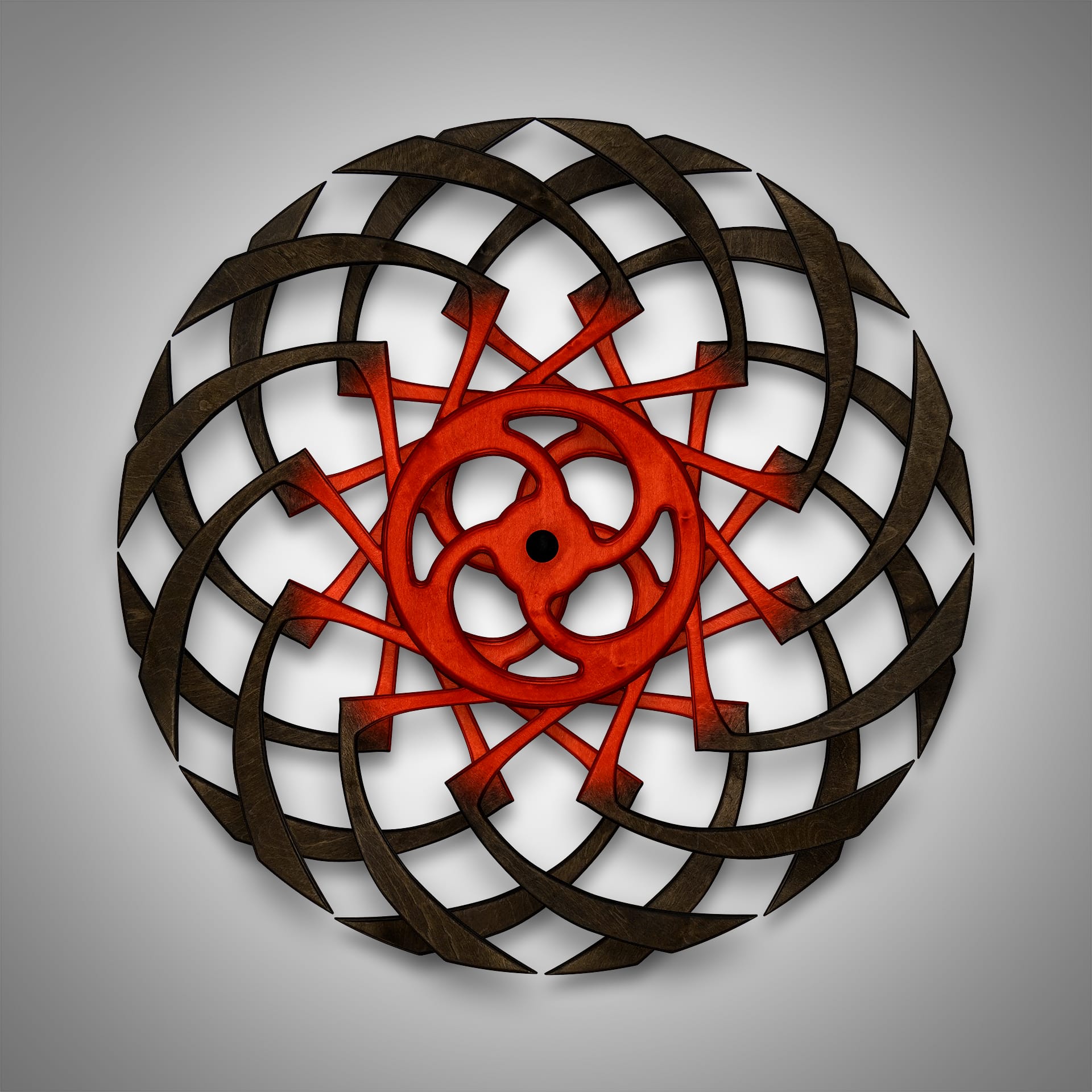 A circular pattern like sculpture with red in the center.