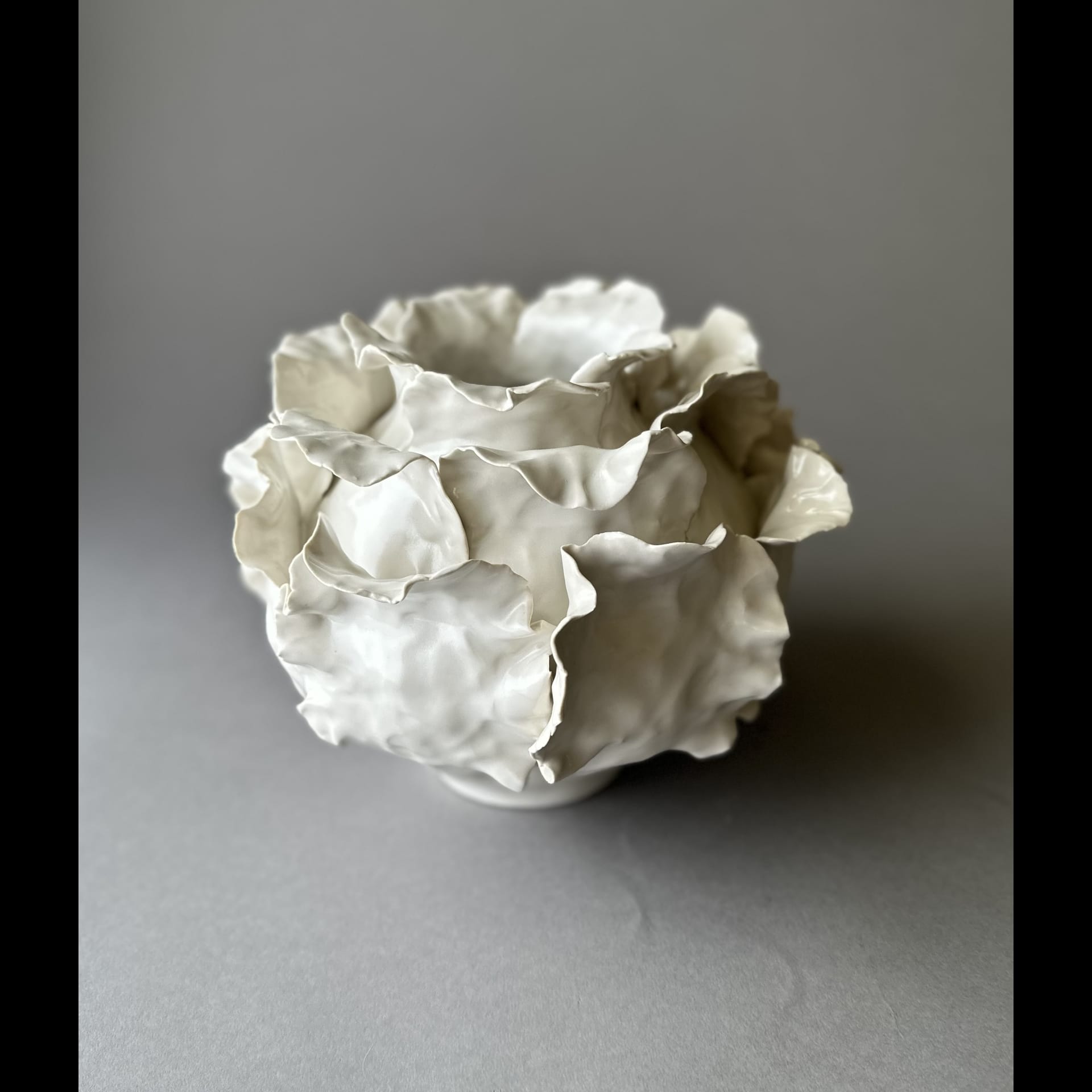 A white sculpted cup that looks like petals from a flower.