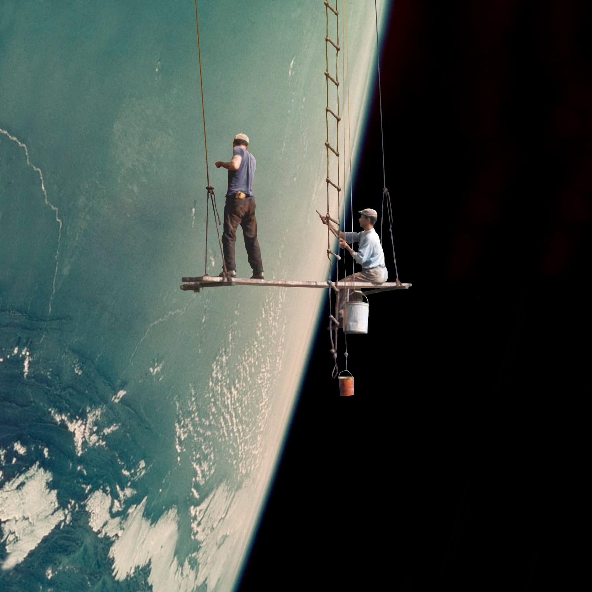 Two people on scaffolding on the side of the earth.