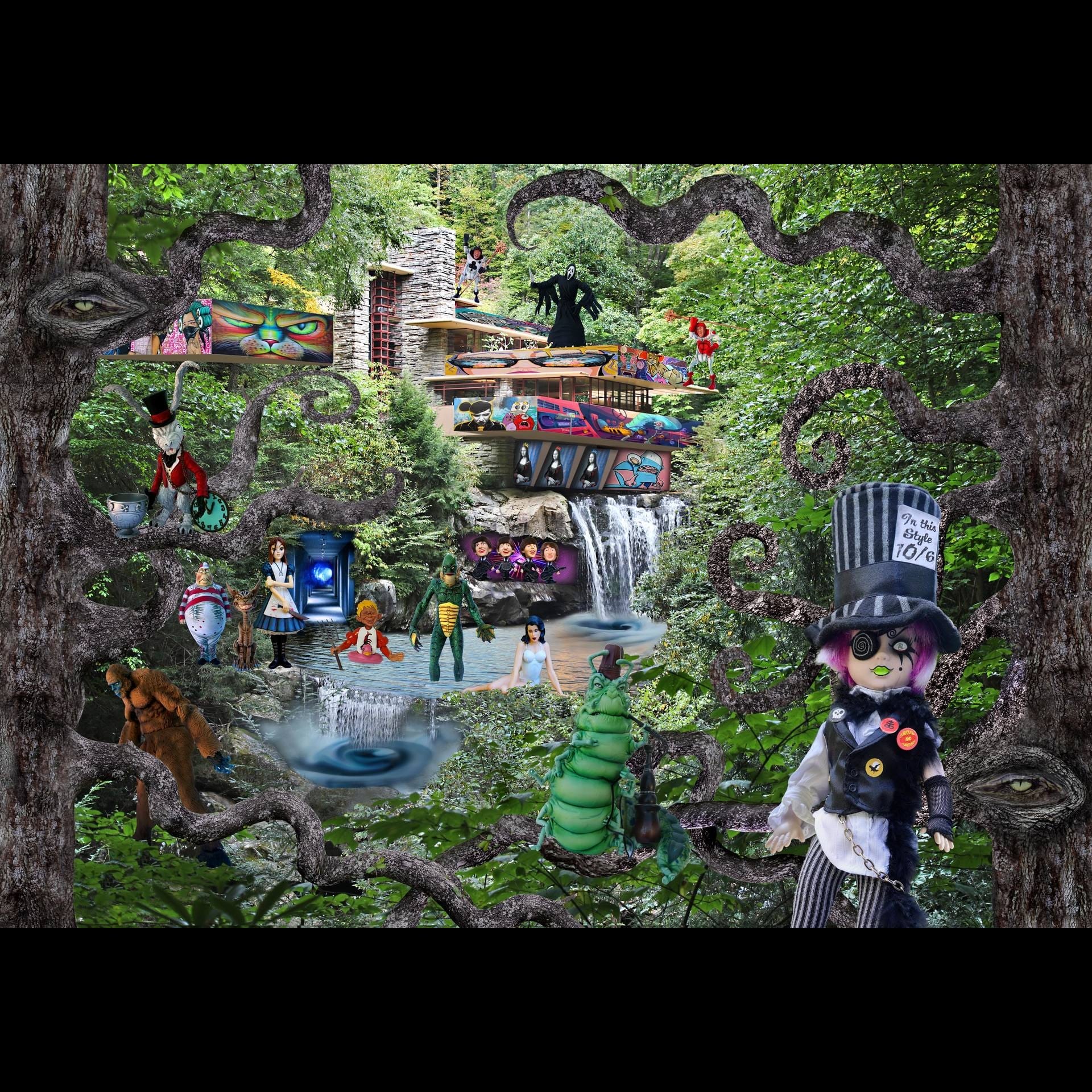 Alice in Wonderland figurines around a building in the woods.
