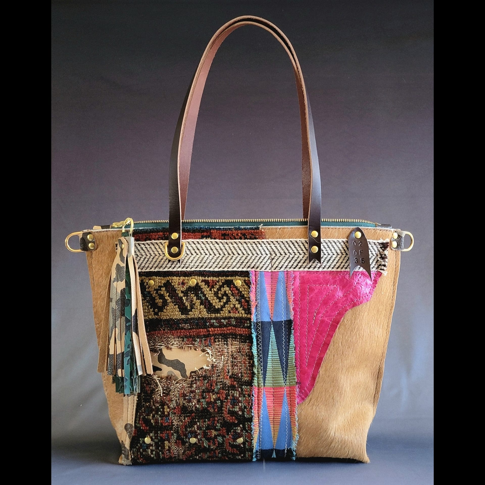 A colorful, patchwork bag.