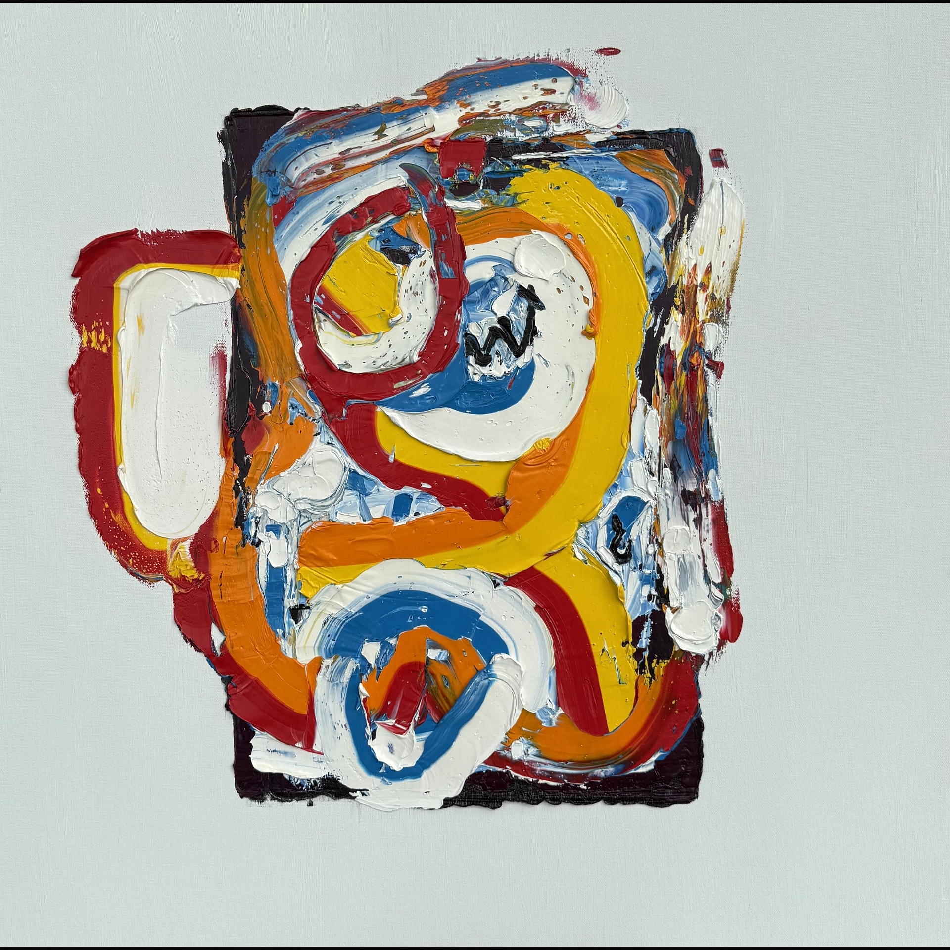 Swirls of red, orange and blue paint.