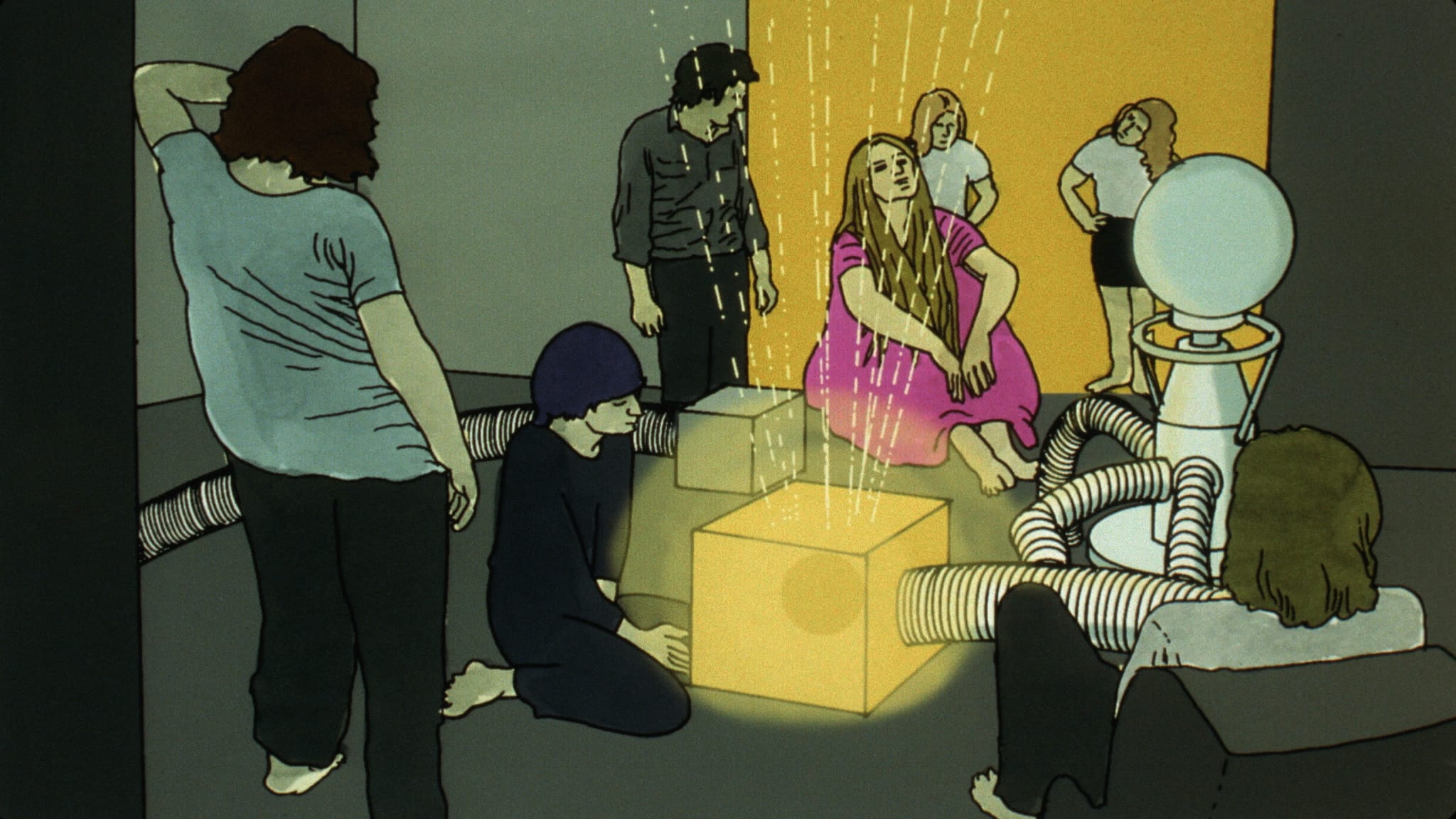 A group of people surrounding a machine.