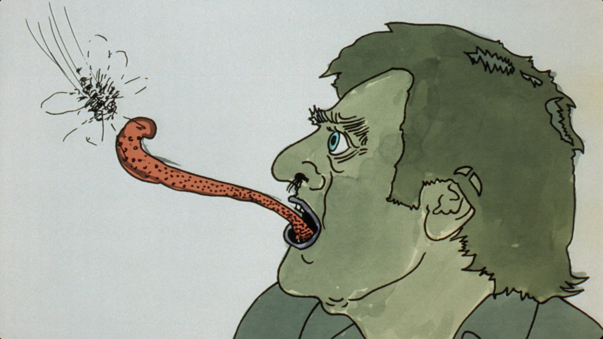 A man with a long tongue catching a fly like frog.
