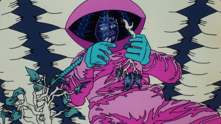 A person in a pink astronaut suit.