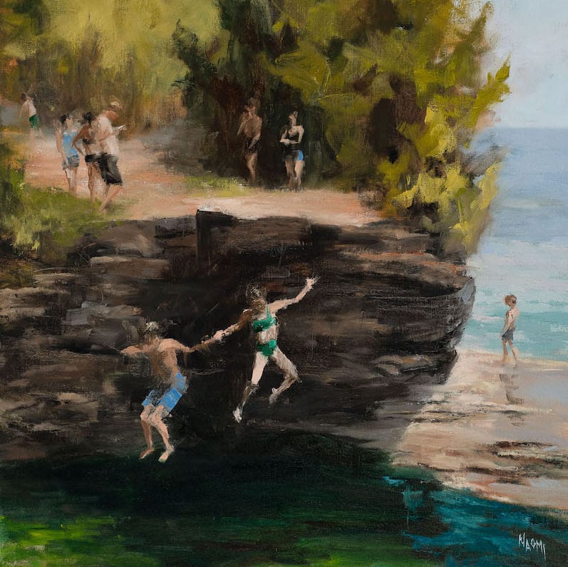 A painting of people jumping off a rock into water.