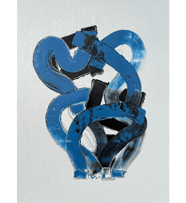 Abstract blue and black shapes.