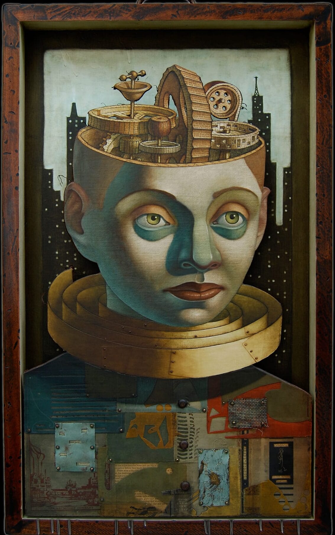 A face with robotic parts in their head.
