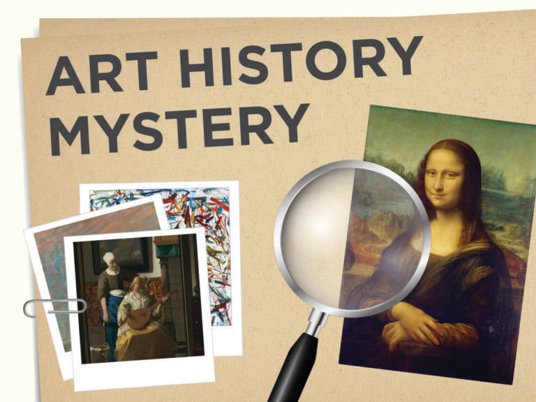 Art History Mystery next to a magnify glass over the Mona Lisa.