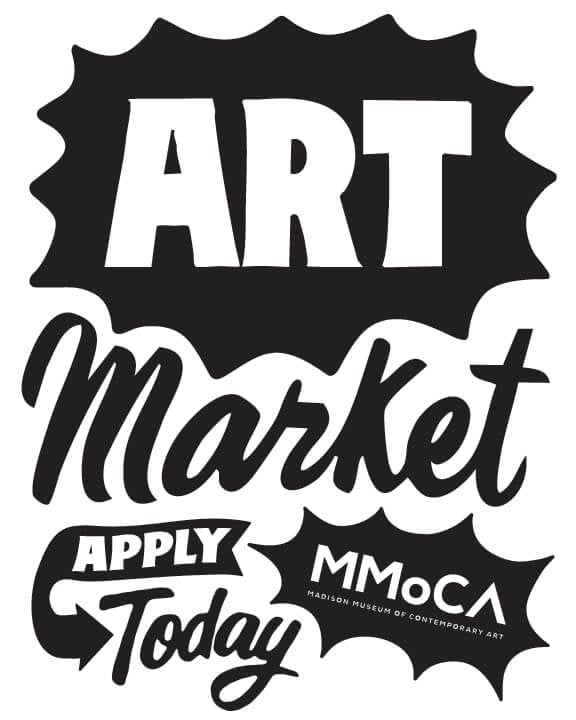 A black and white graphic for art market with the words apply today.