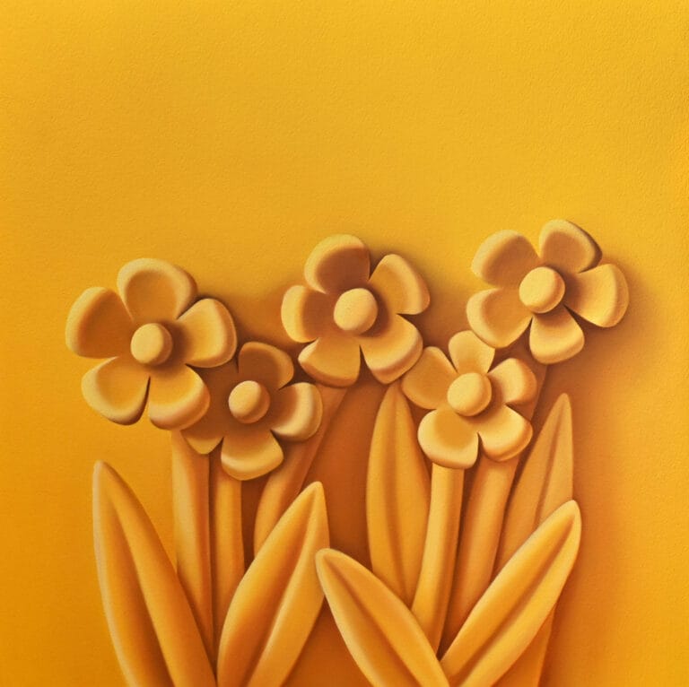 A painting of yellow flowers against a yellow background.
