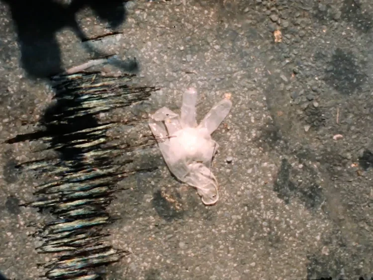 A crumpled up latex glove laying on the ground.