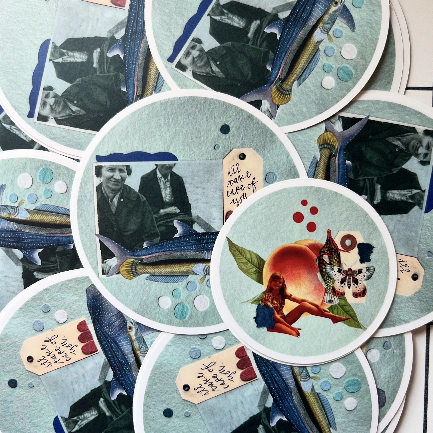 small blue circular artworks.