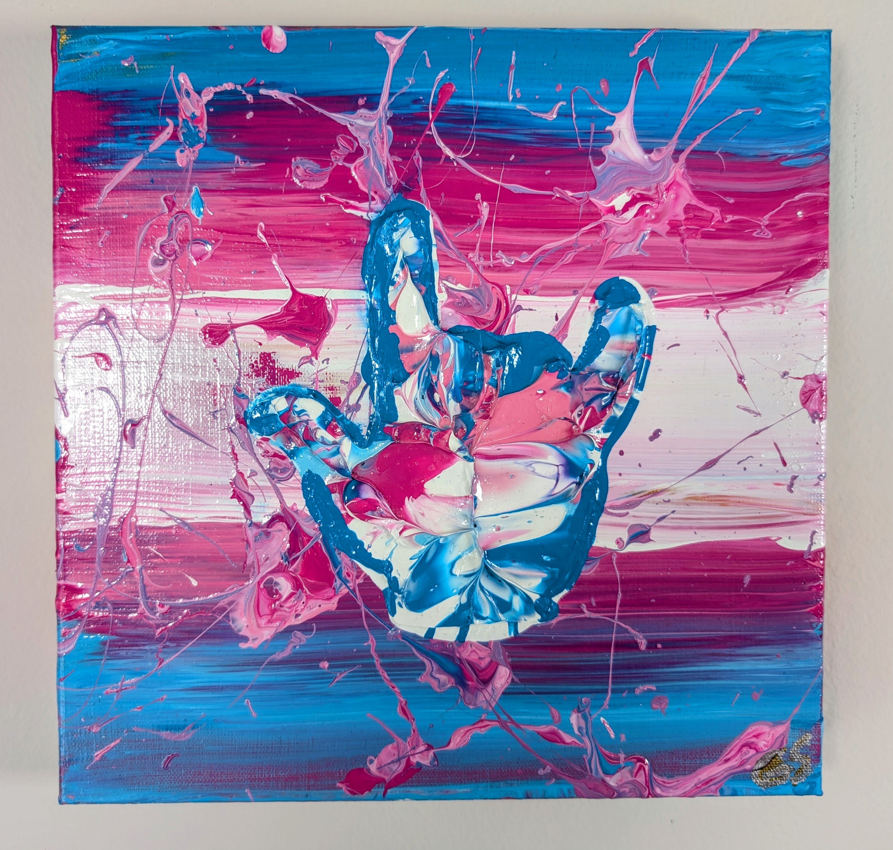 An abstract painting of a Transgender Rights flag with a hand using ASL to sign "I Love You"