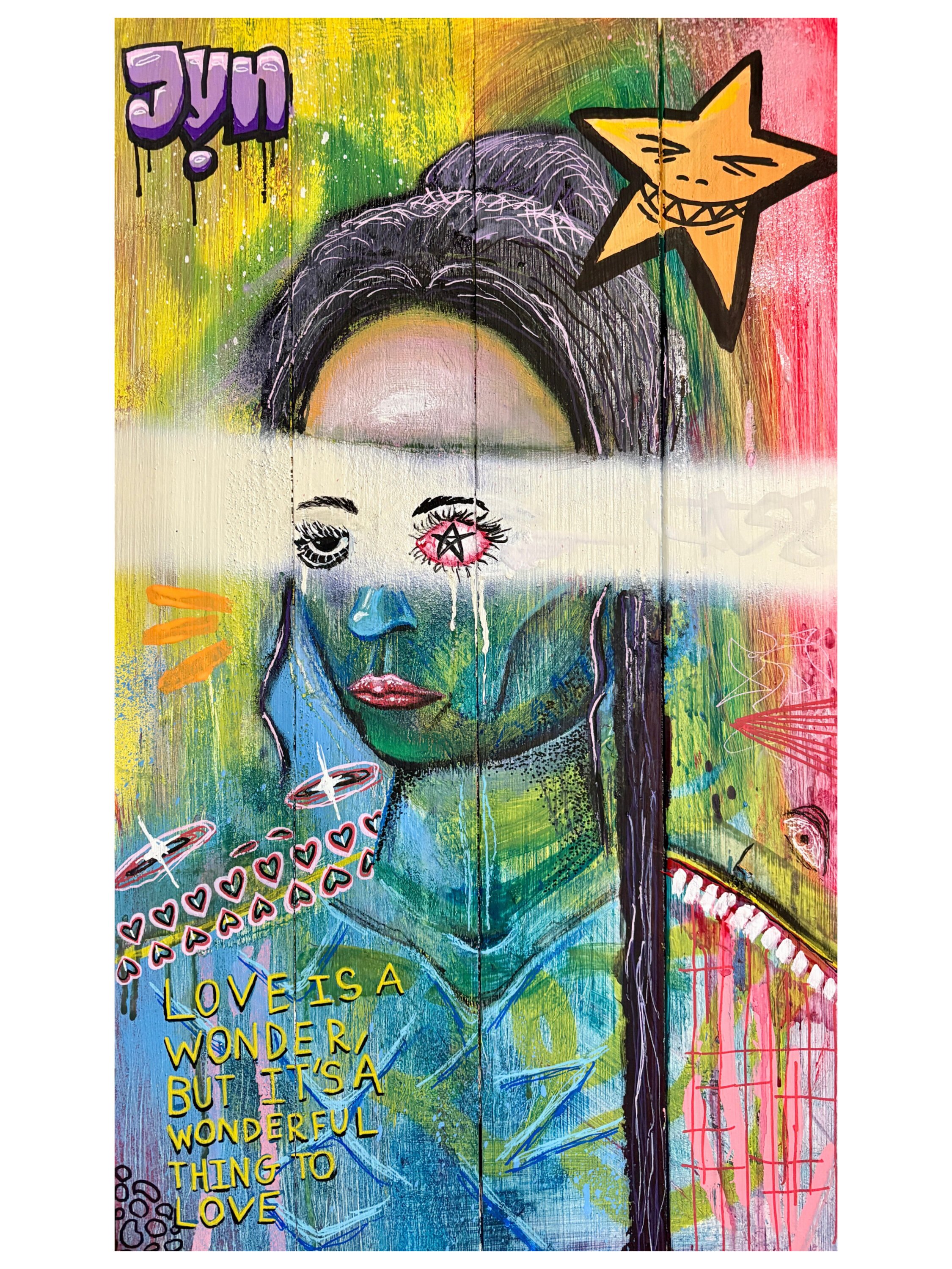 a colorful portrait with graphic elements.