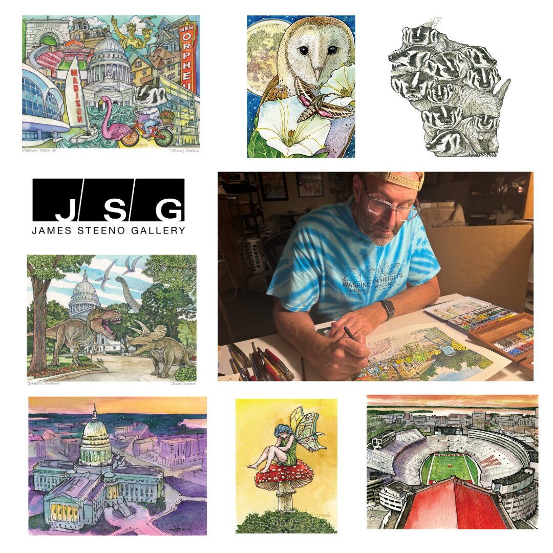 A collage os artworks with a photo of a man painting them.