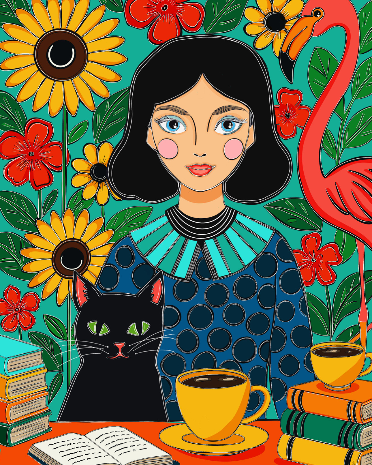 A drawing of a woman sitting at a table with tea and a cat next to her.