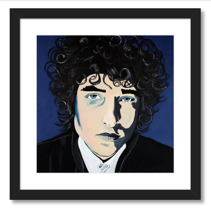 a portrait of a Bob Dylan, a white man with dark hair