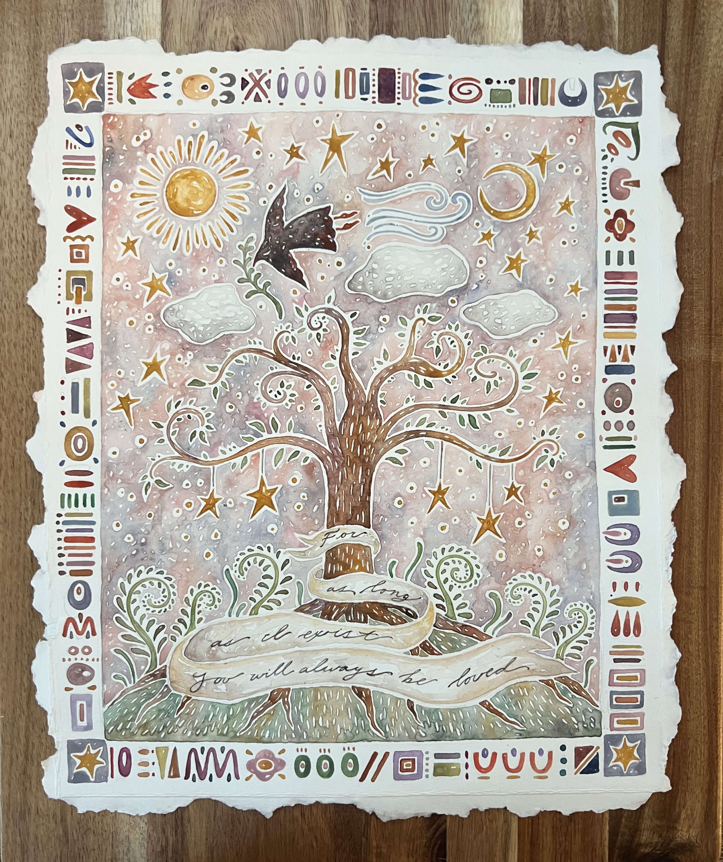 An artwork on a paper with torn edges showing a tree and bird in a whimsical setting,