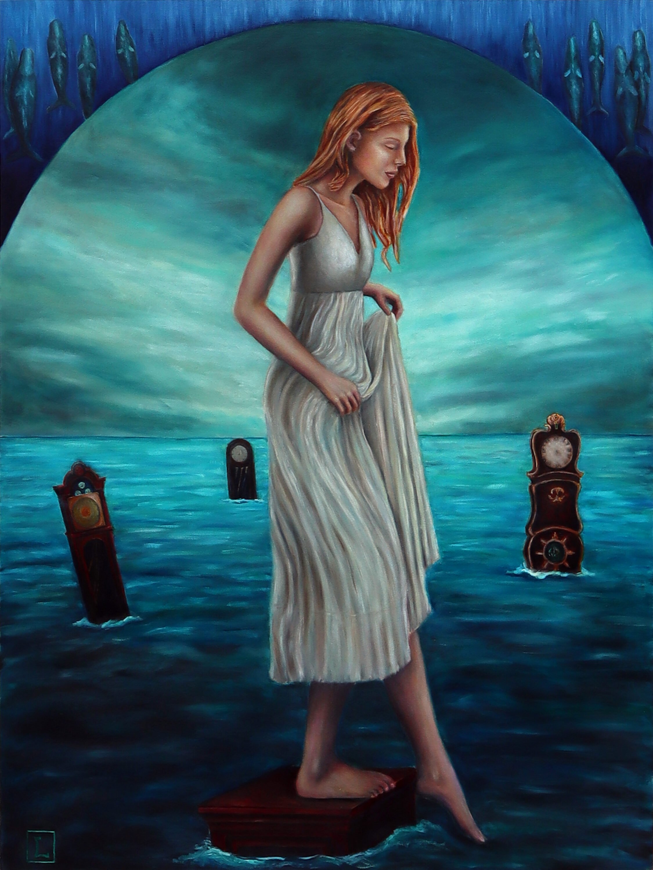 A painting of a woman standing in a dress. 