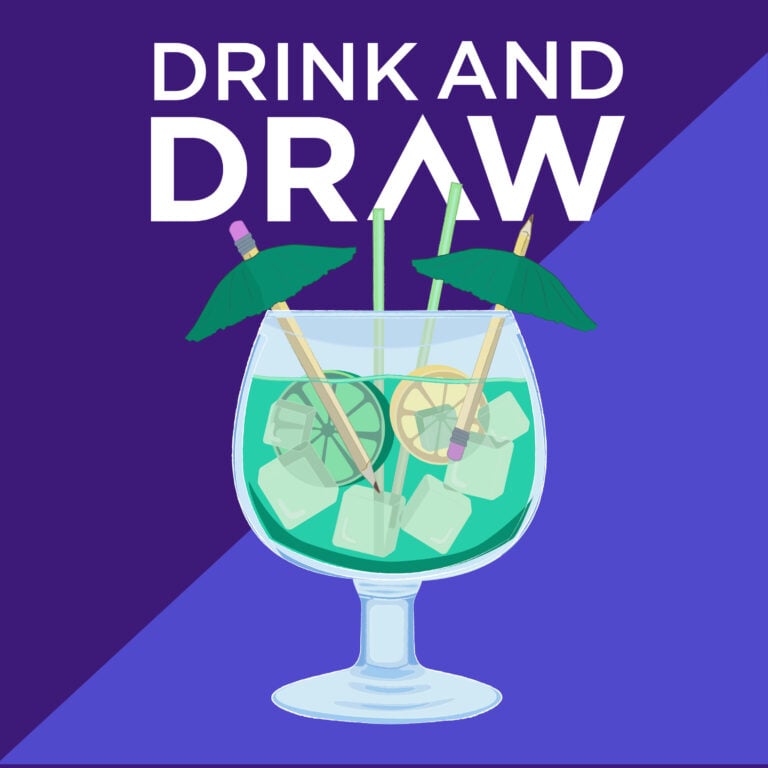 Drink and Draw written above an illustration of a fishbowl margarita.
