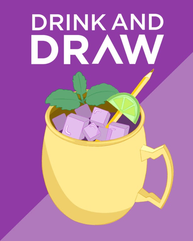 Drink and Draw written above an illustration of a Moscow mule.