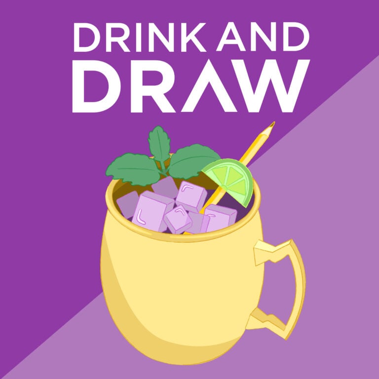 Drink and Draw written above an illustration of a Moscow mule.