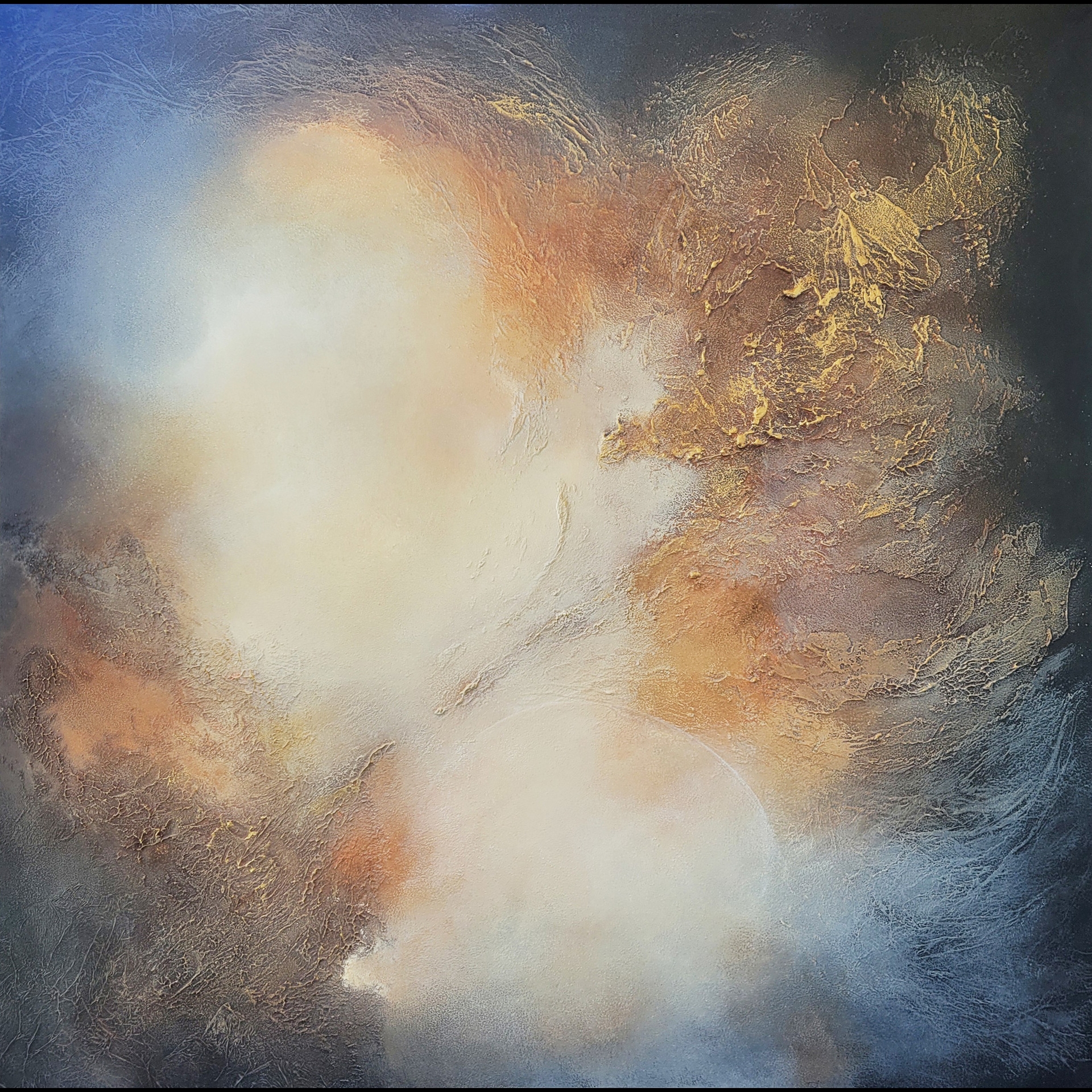 An abstract painting resembling clouds.