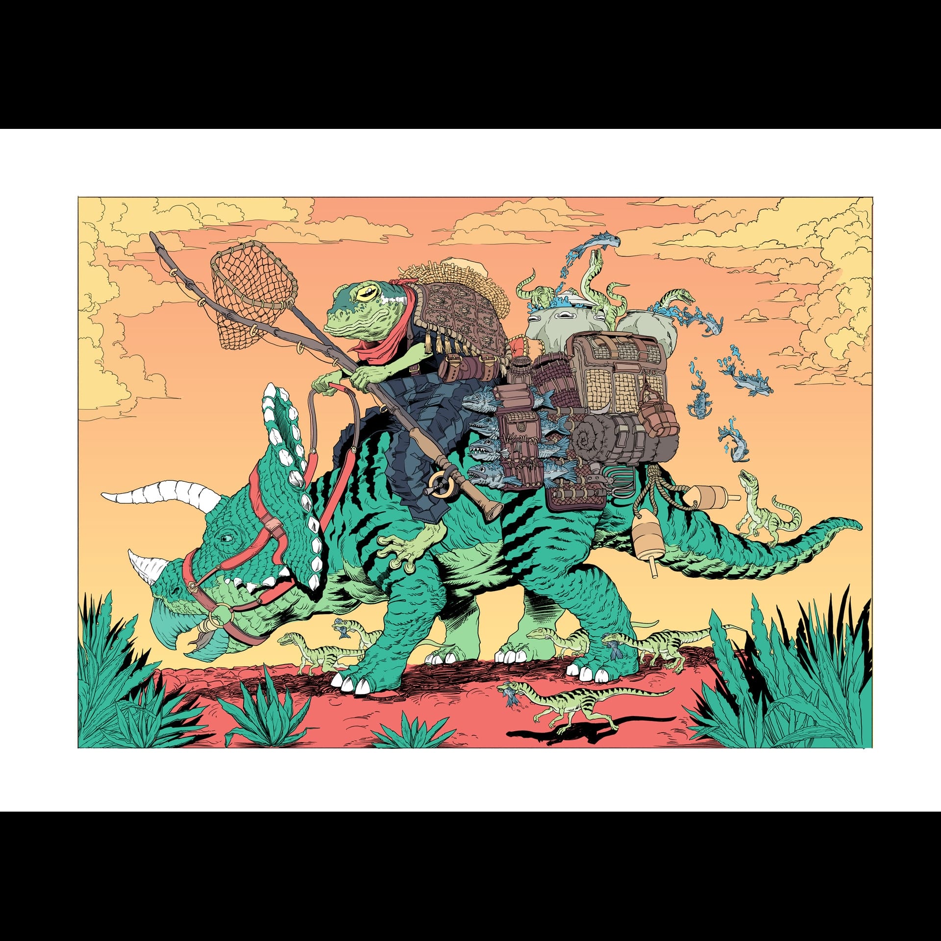 An illustration of a frog riding a dinosaur.
