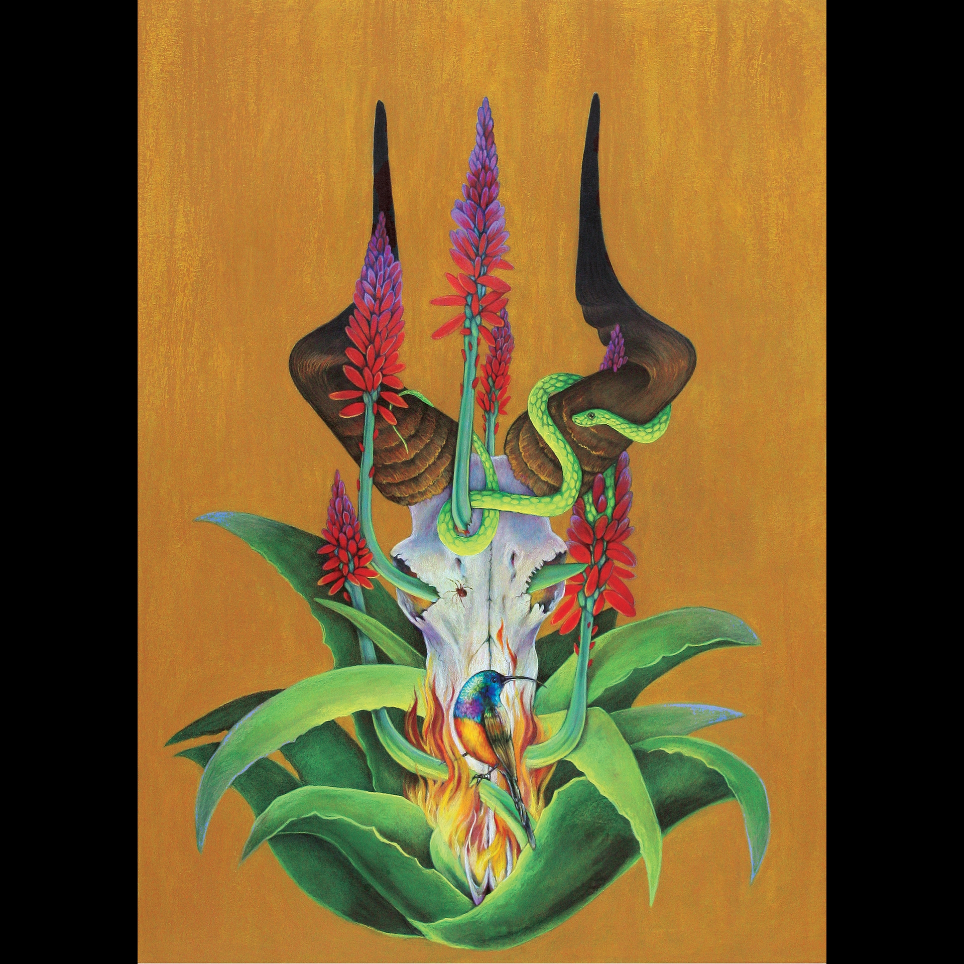 A painting of an animal skull inside of a plant.