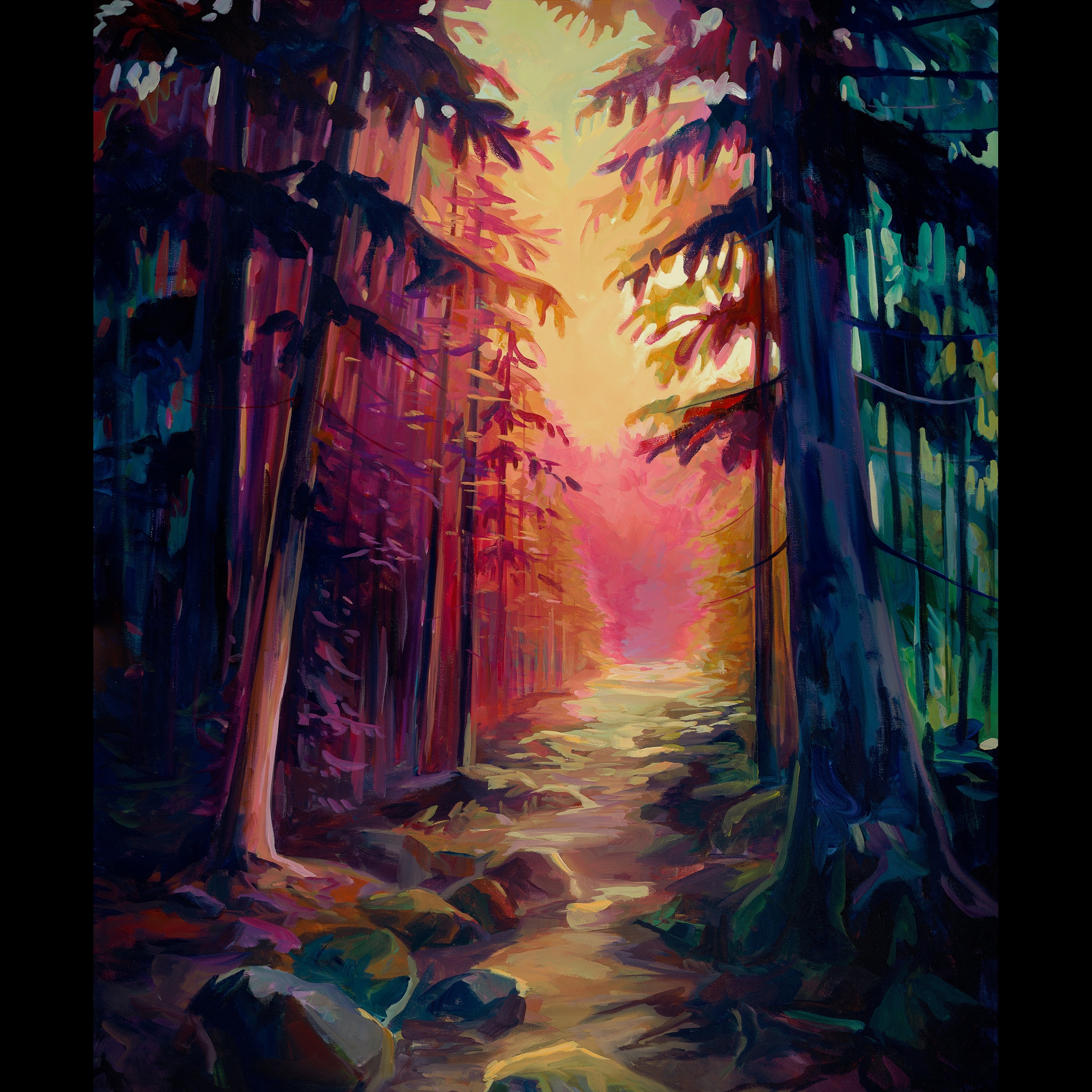 A colorful painting o a pine tree forest.