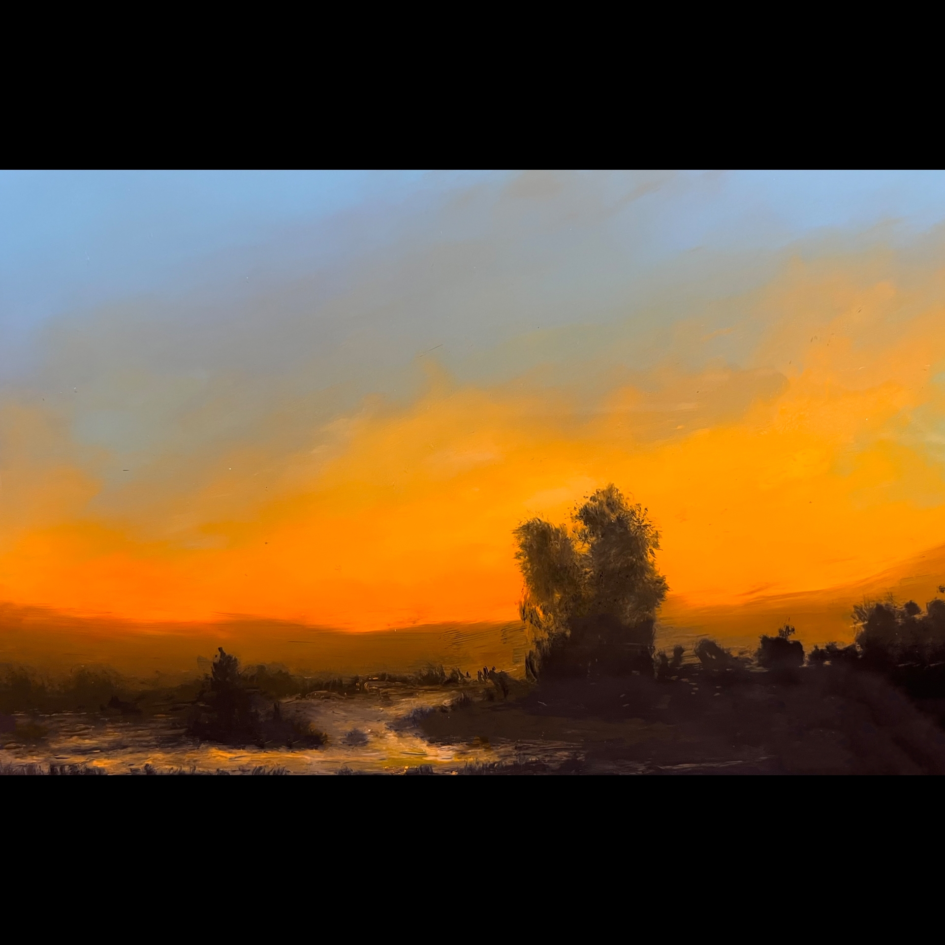 A painting of a sunset over a landscape with trees.