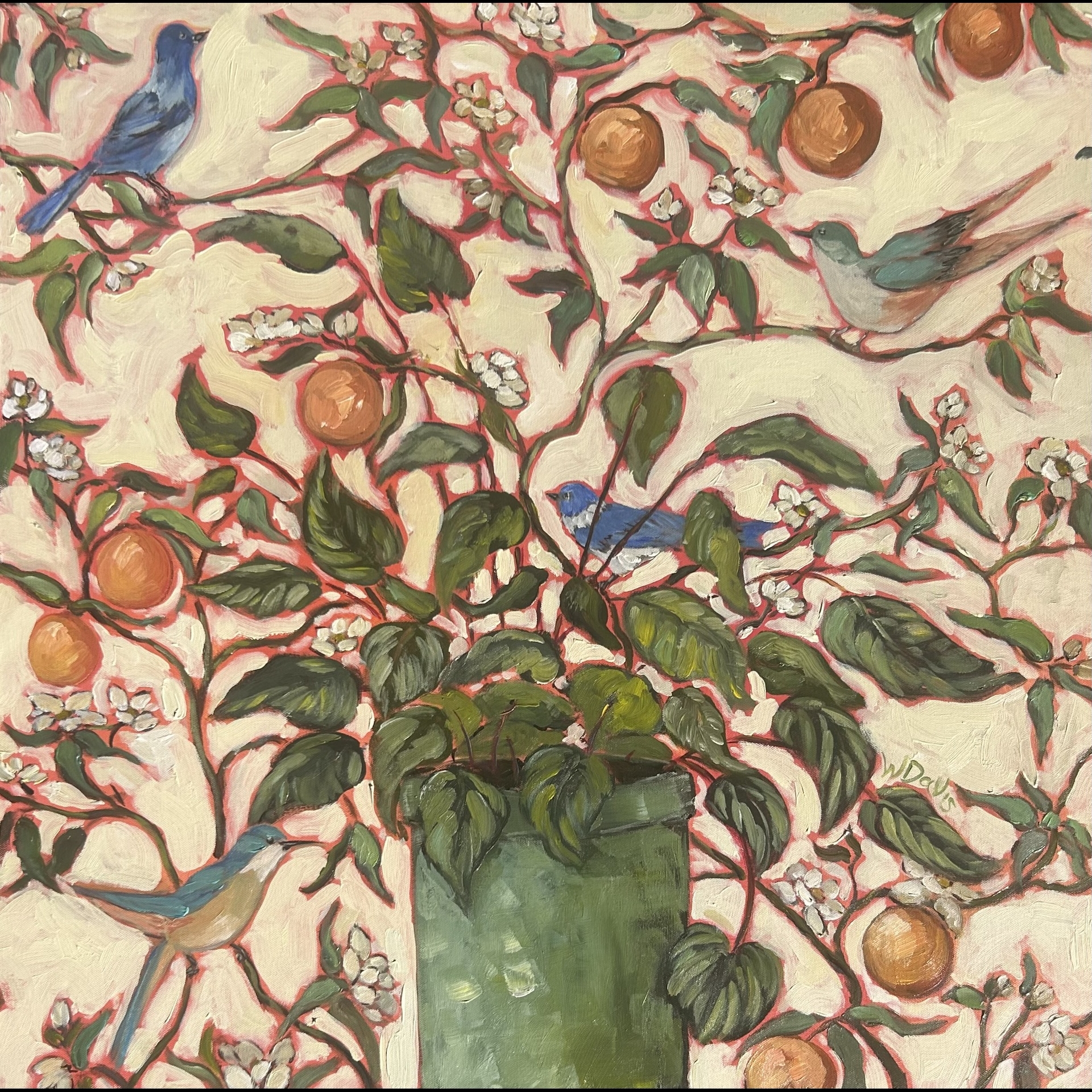 A painting of an orange plant in a pot with blue birds around them.