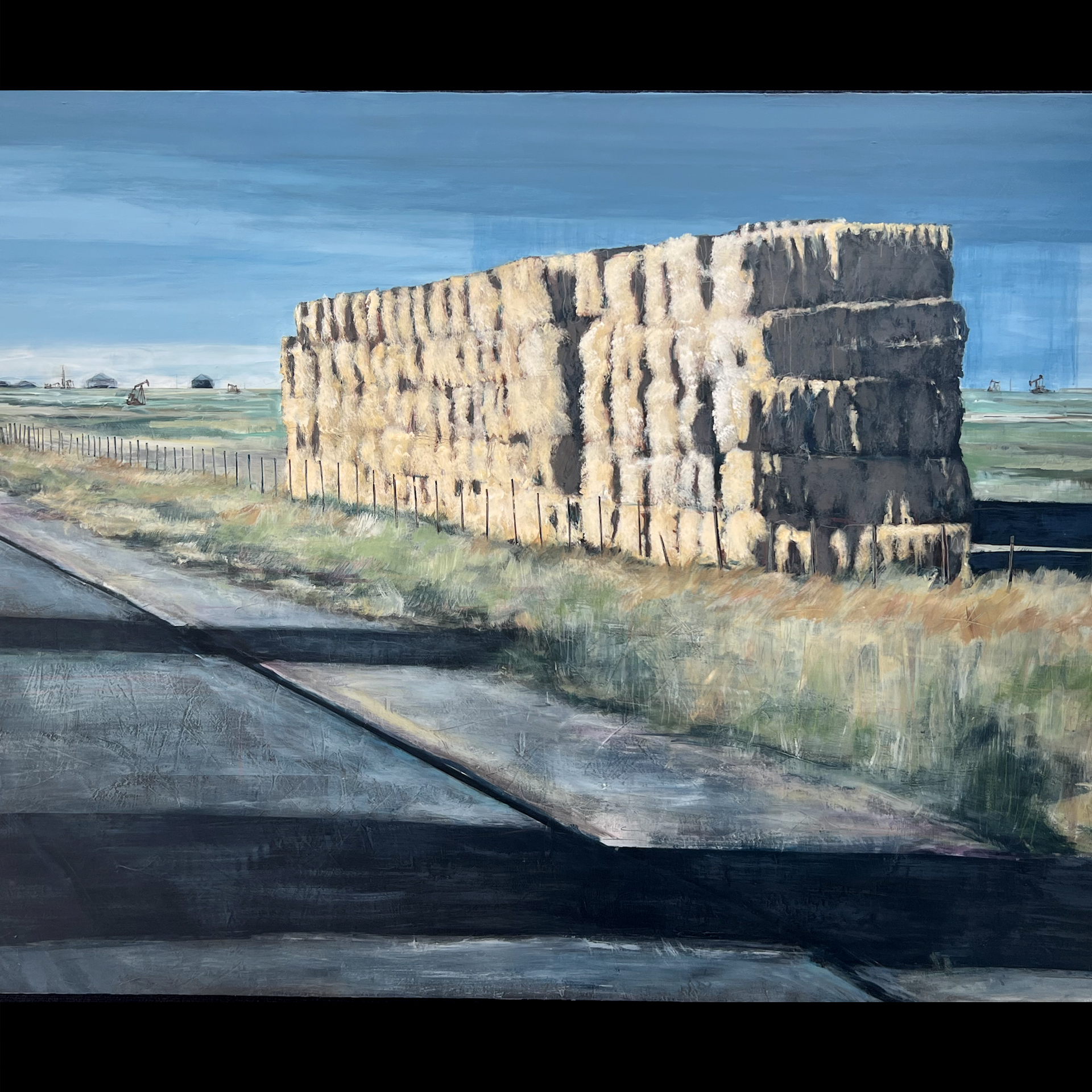 A painting of a haystack on the side of the road.