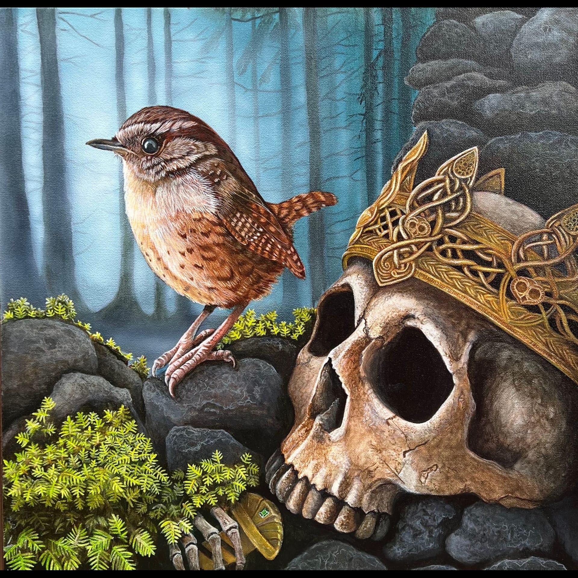 A drawing of a bird sitting by a skull wearing a crown.