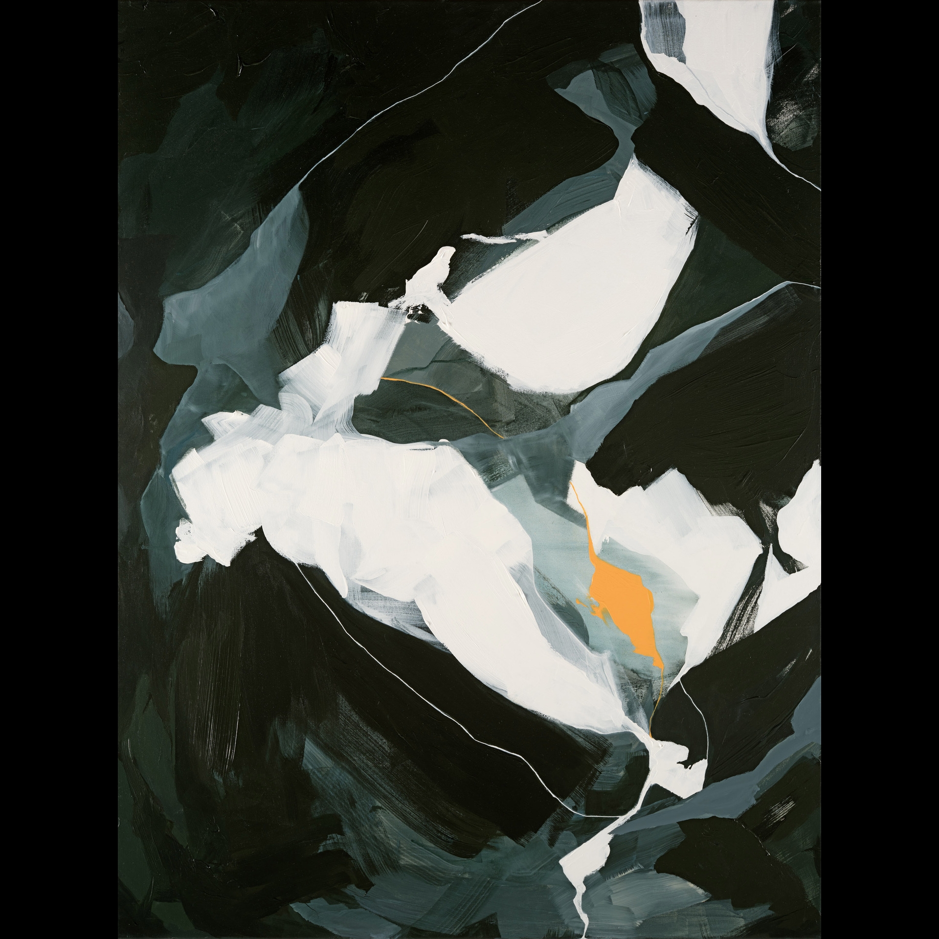 An abstract painting with dark, cool tone colors.