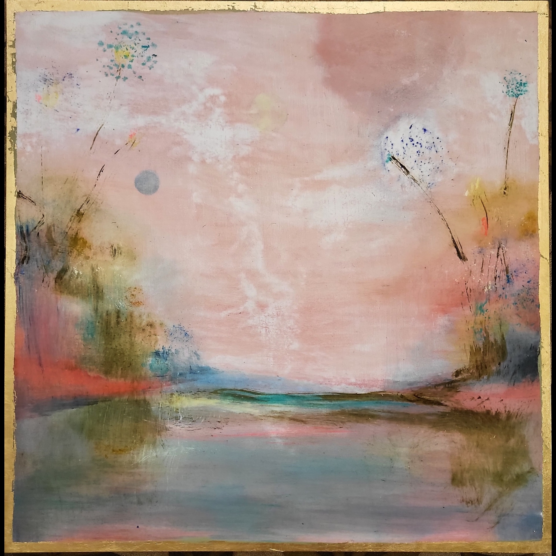A pink and blue colored painting of landscape.
