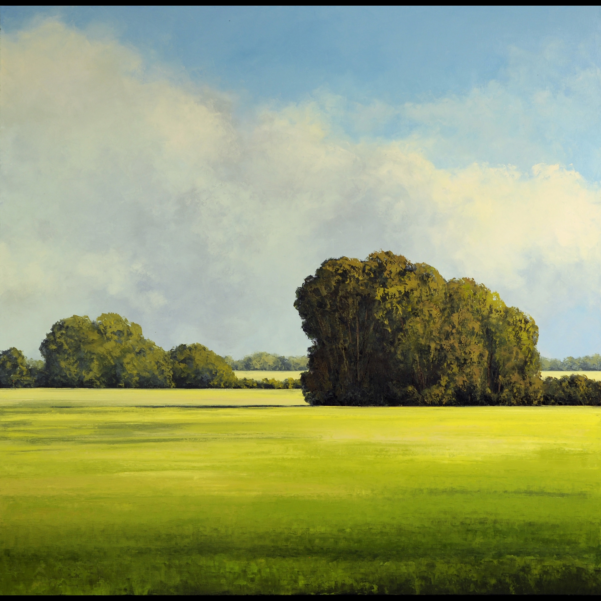 A painting of trees in a field.