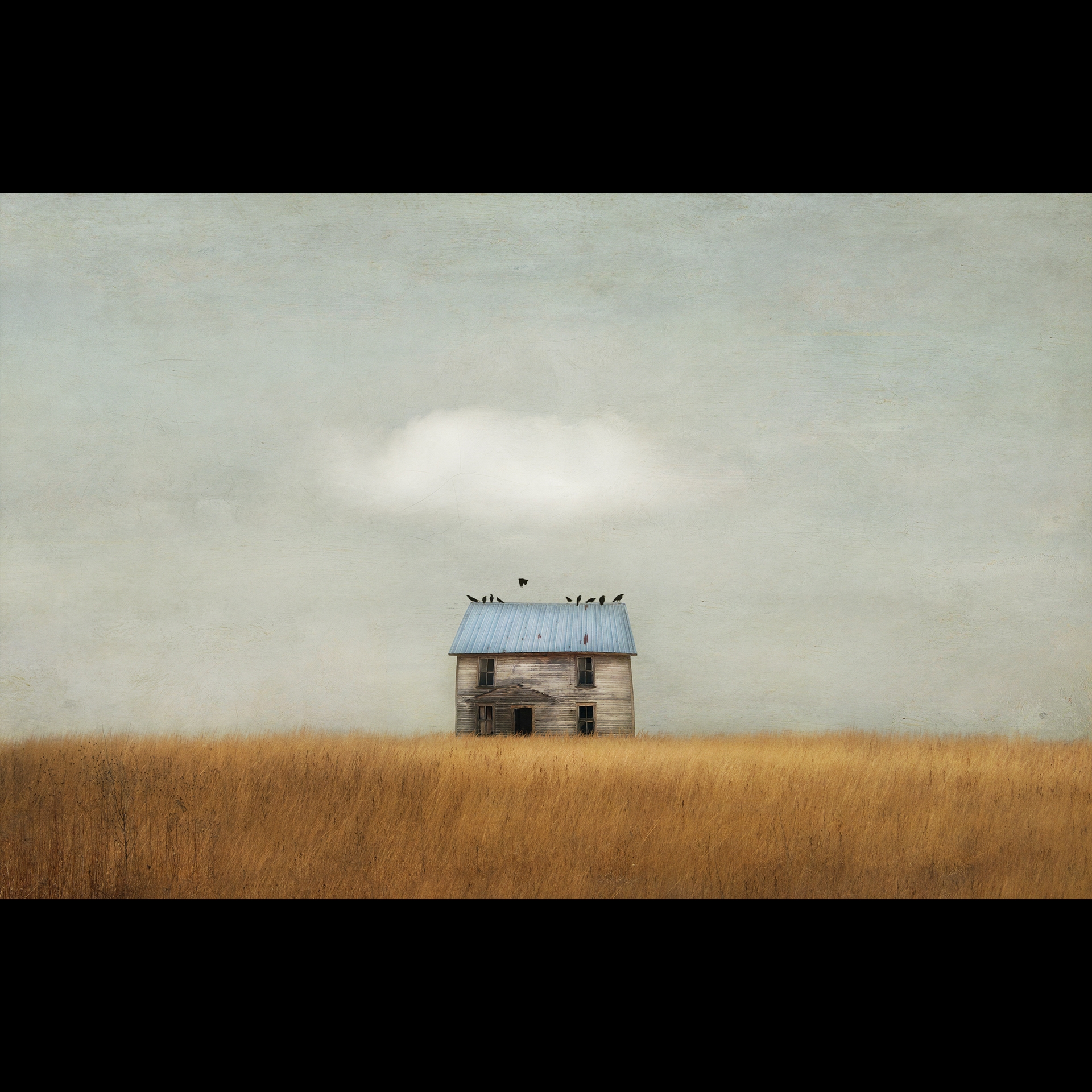 A small house in a field with a blue roof.