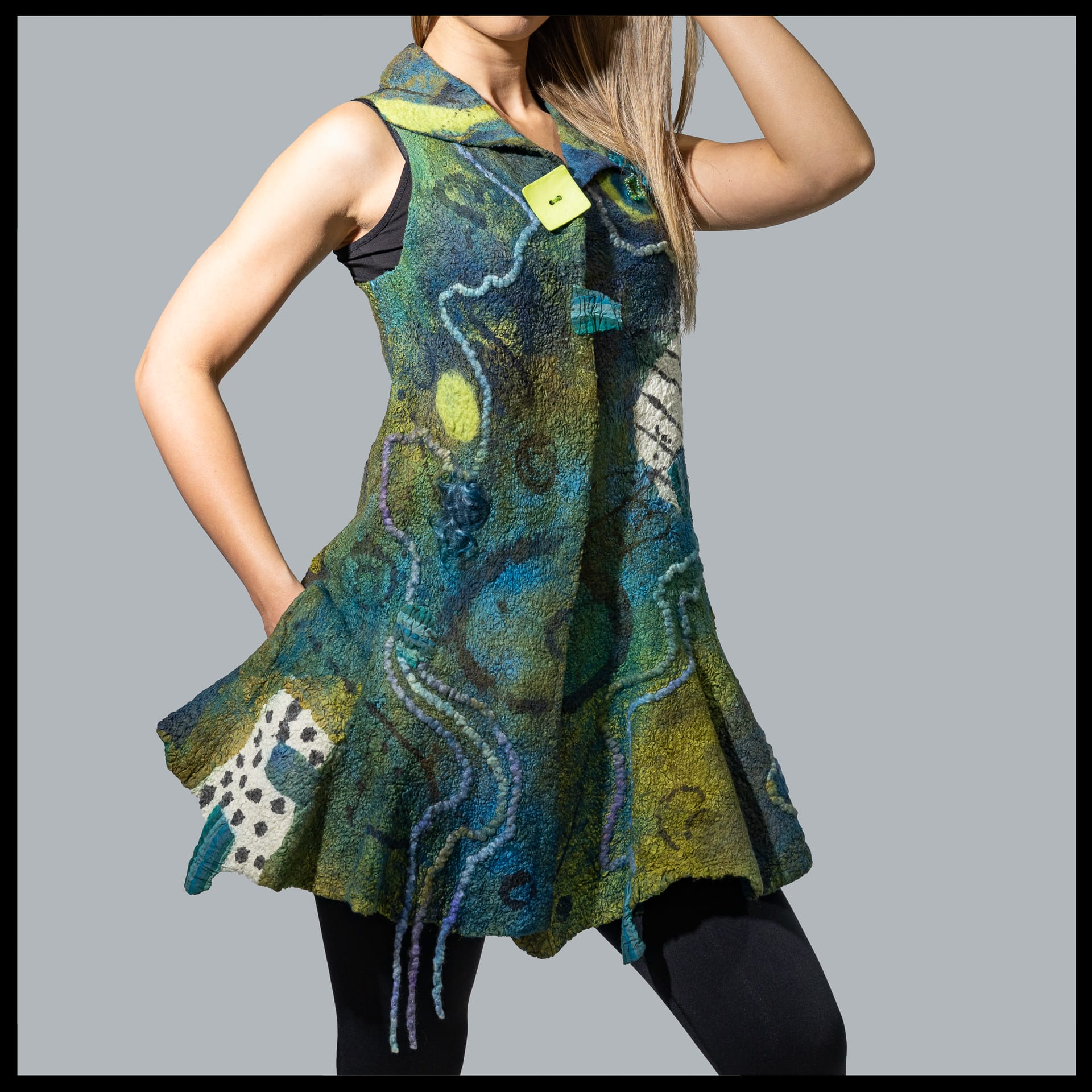 A blue and green felt dress.