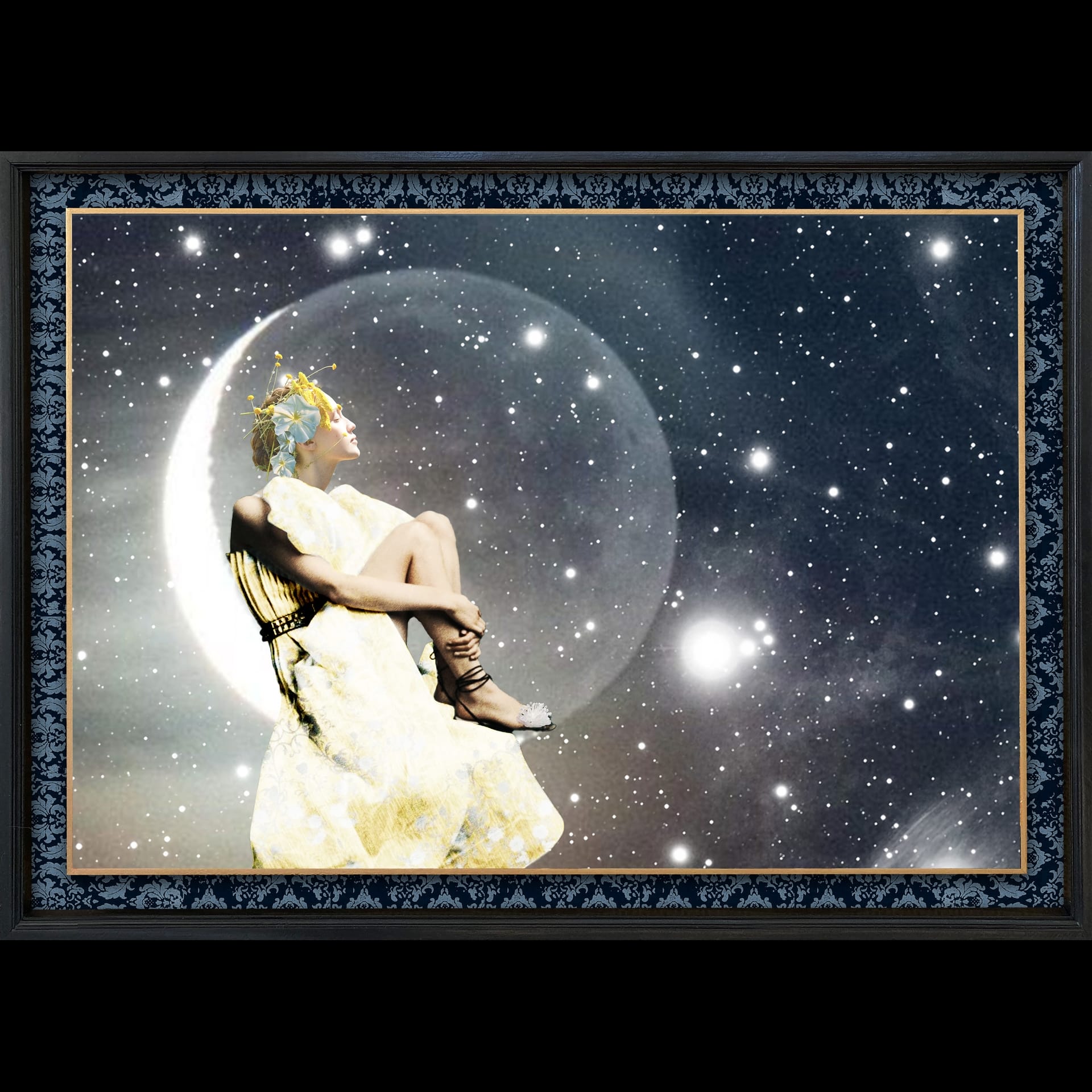A woman sitting on the moon in space.