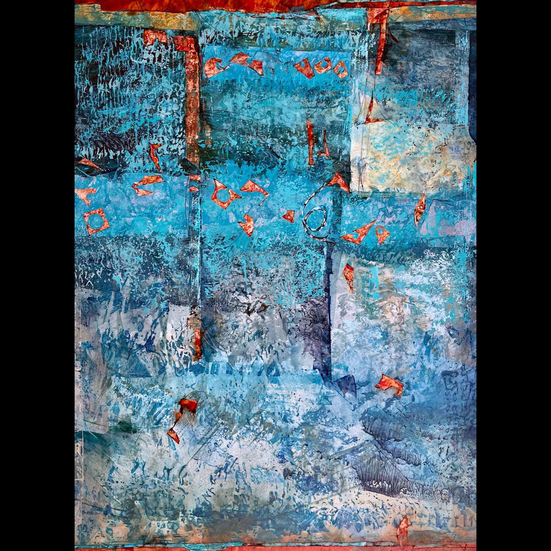 An abstract splatter artwork with blues and oranges.