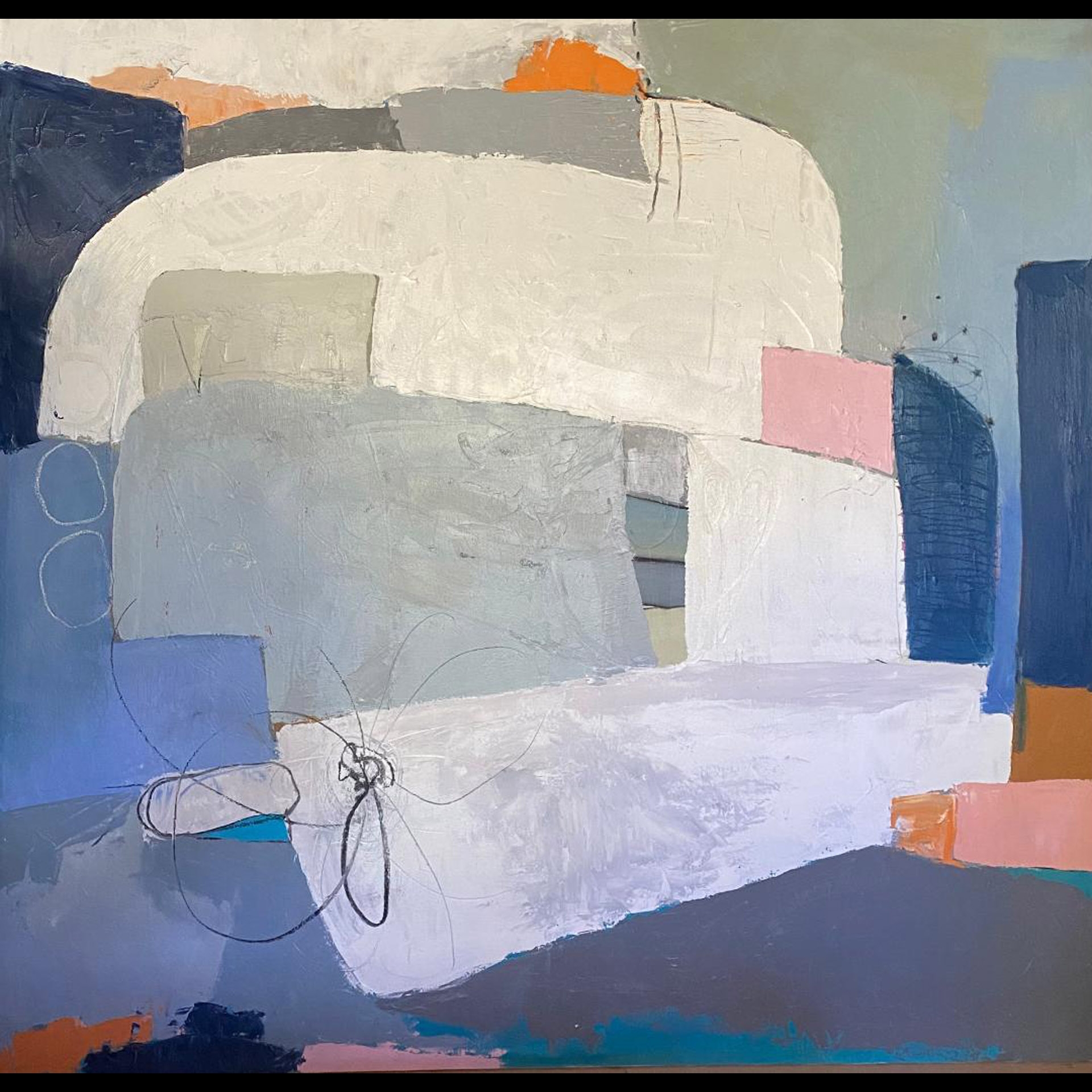 An abstract painting with blues and pinks.