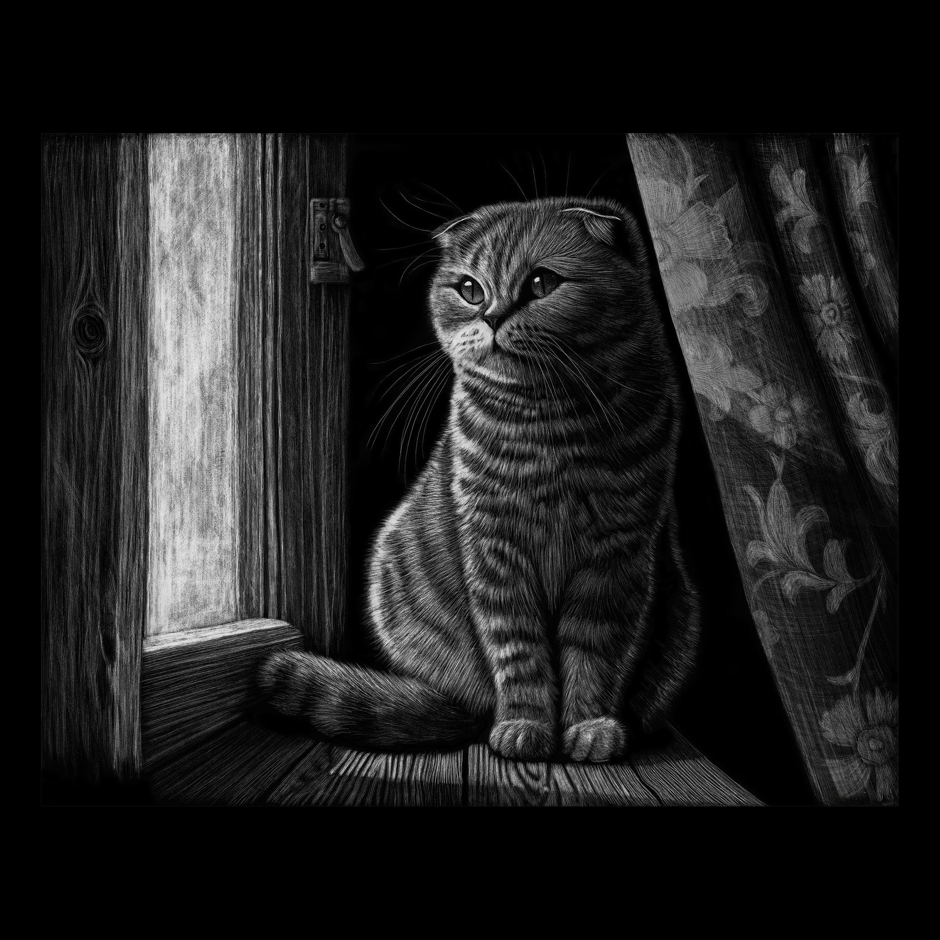 A black and white image of a cat sitting by a window.