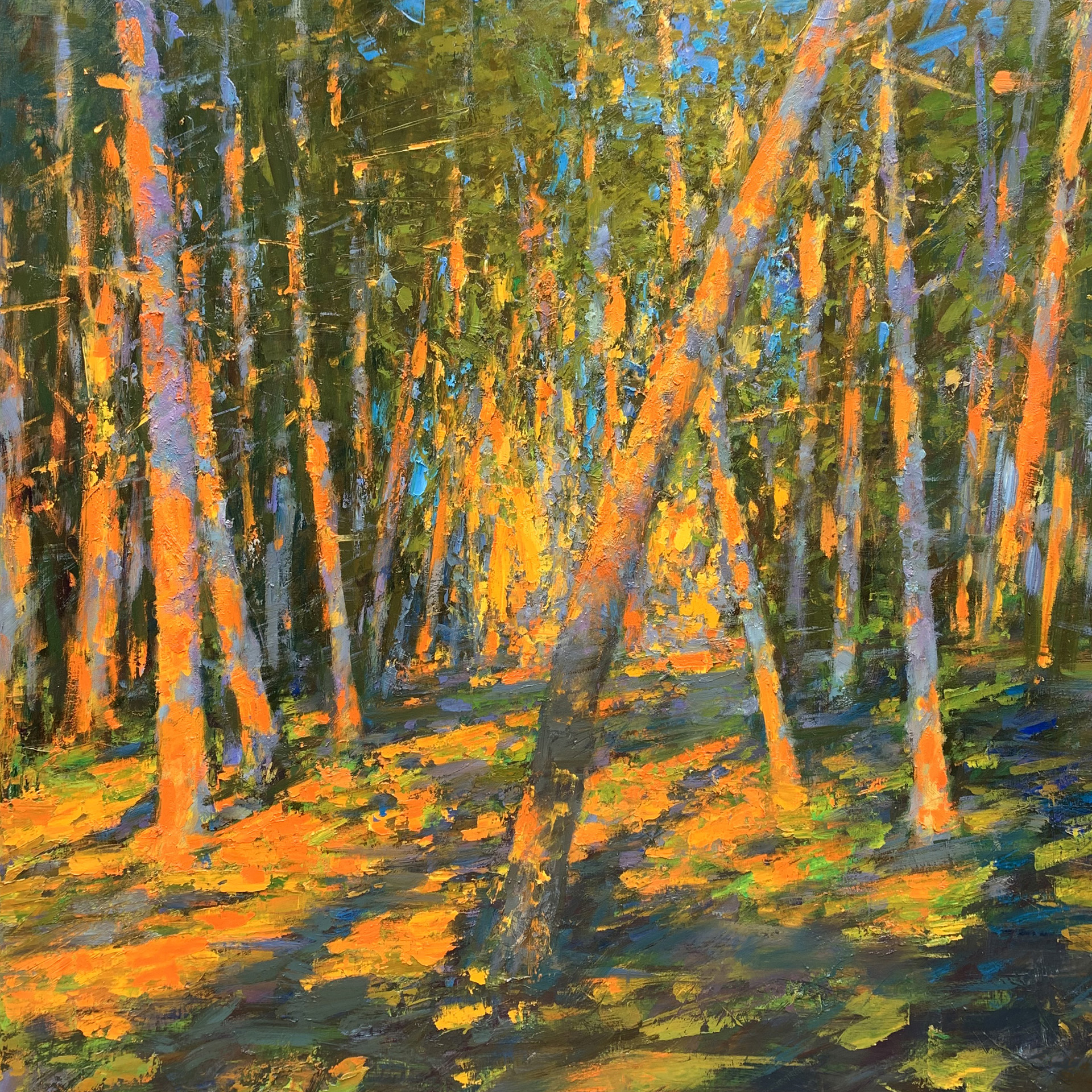 A colorful painting of a forest.