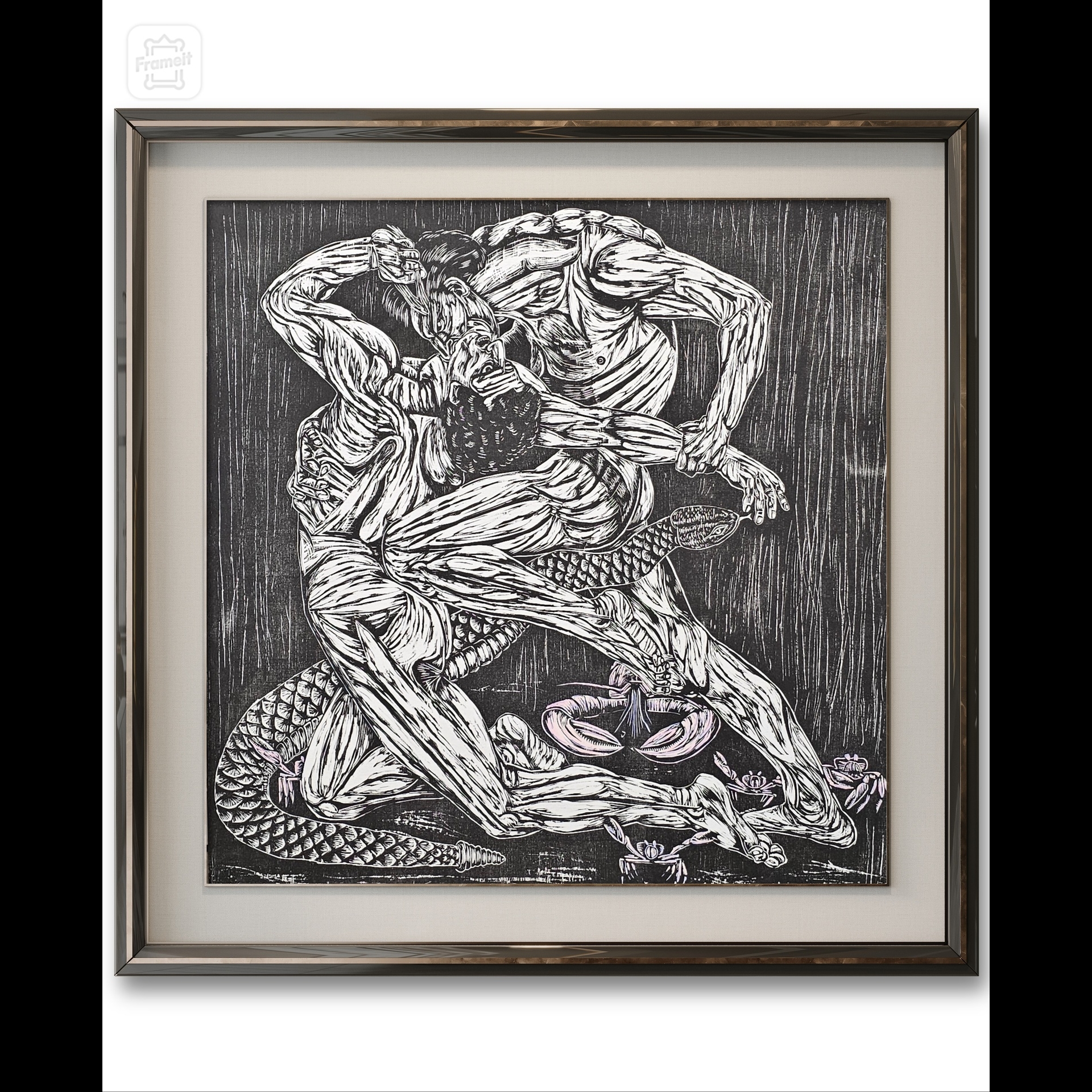 A black and white drawing of people fighting.
