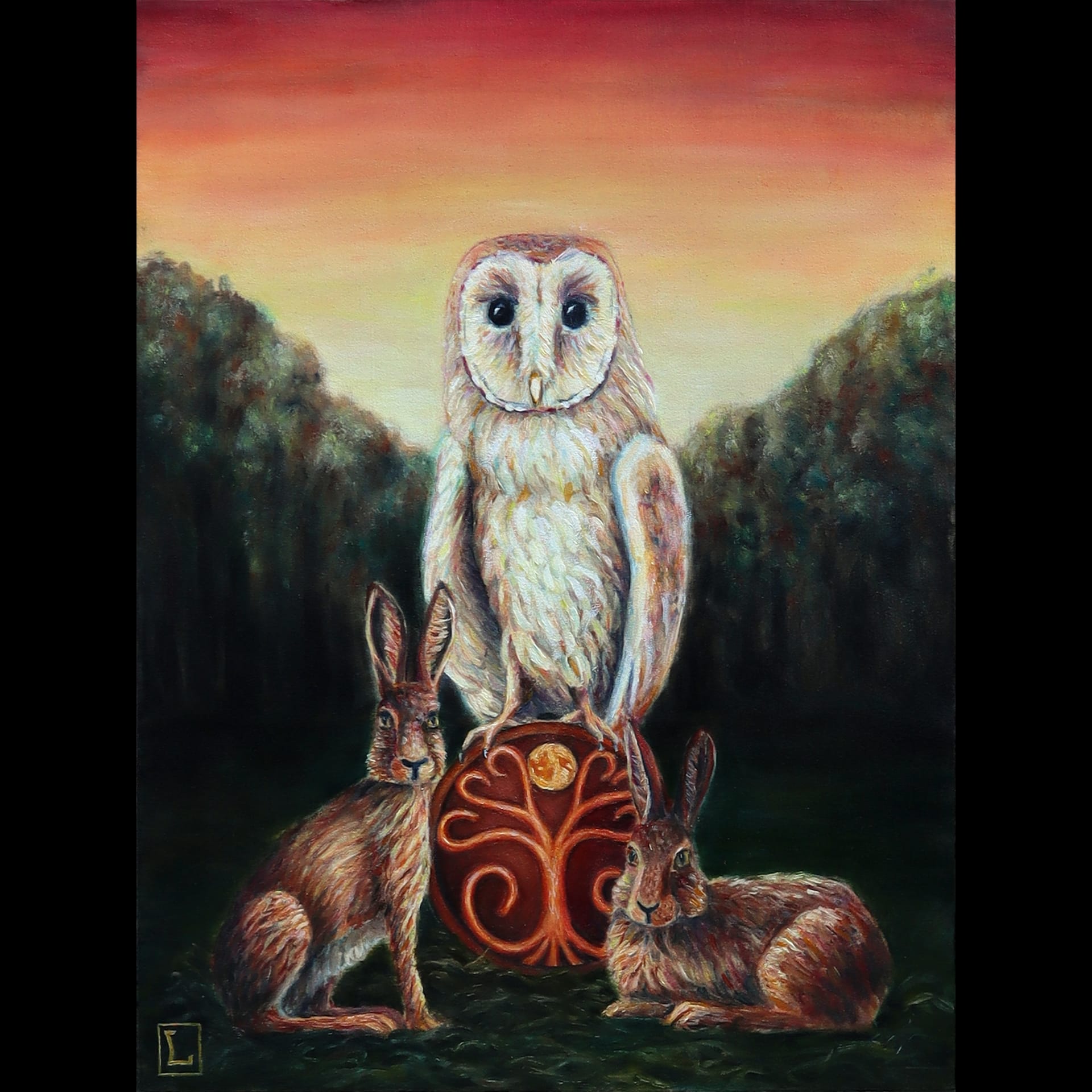 Two rabbits standing by an owl on top of a red vase.