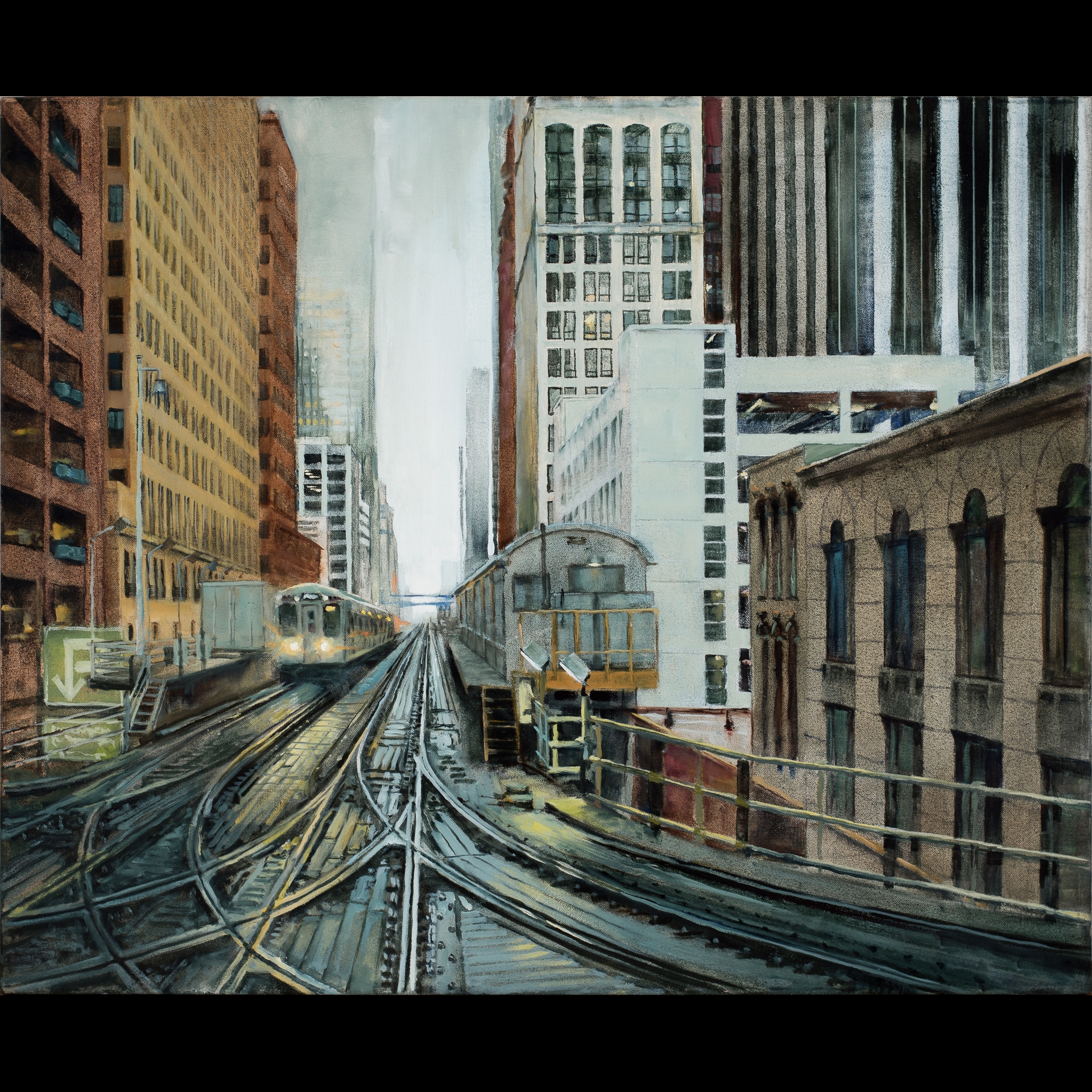 A painting of a train running through a city.
