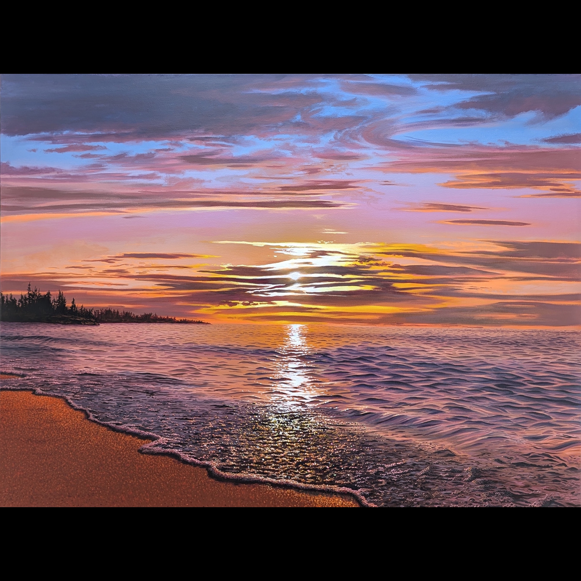 A realistic painting of a beach at sunset.