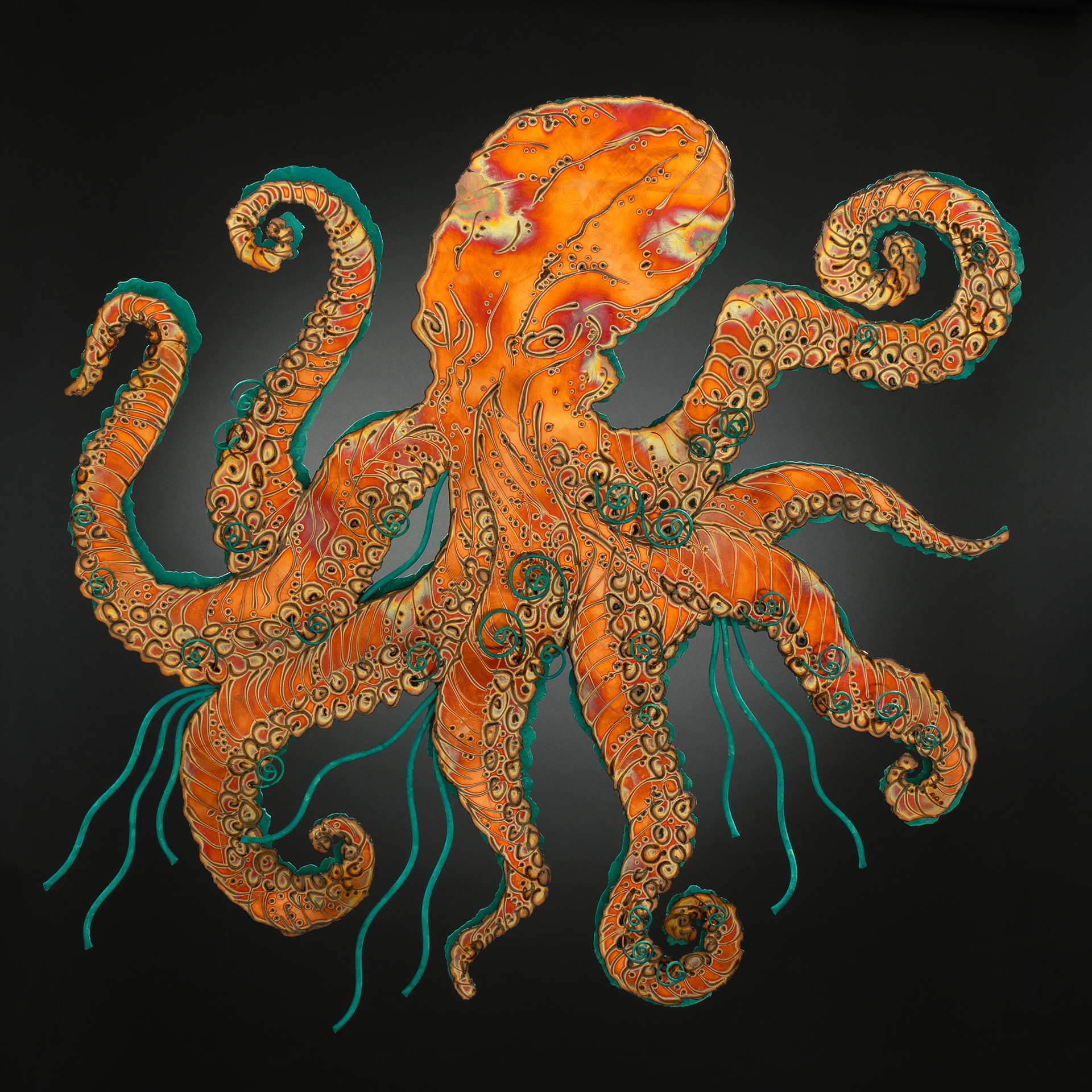An orange and teal metal octopus.